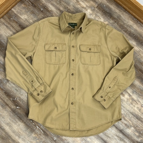 Eddie Bauer Mens Long Sleeve Shirt Large Khaki Button Up Hunting Outdoors Hiking - Picture 11 of 12